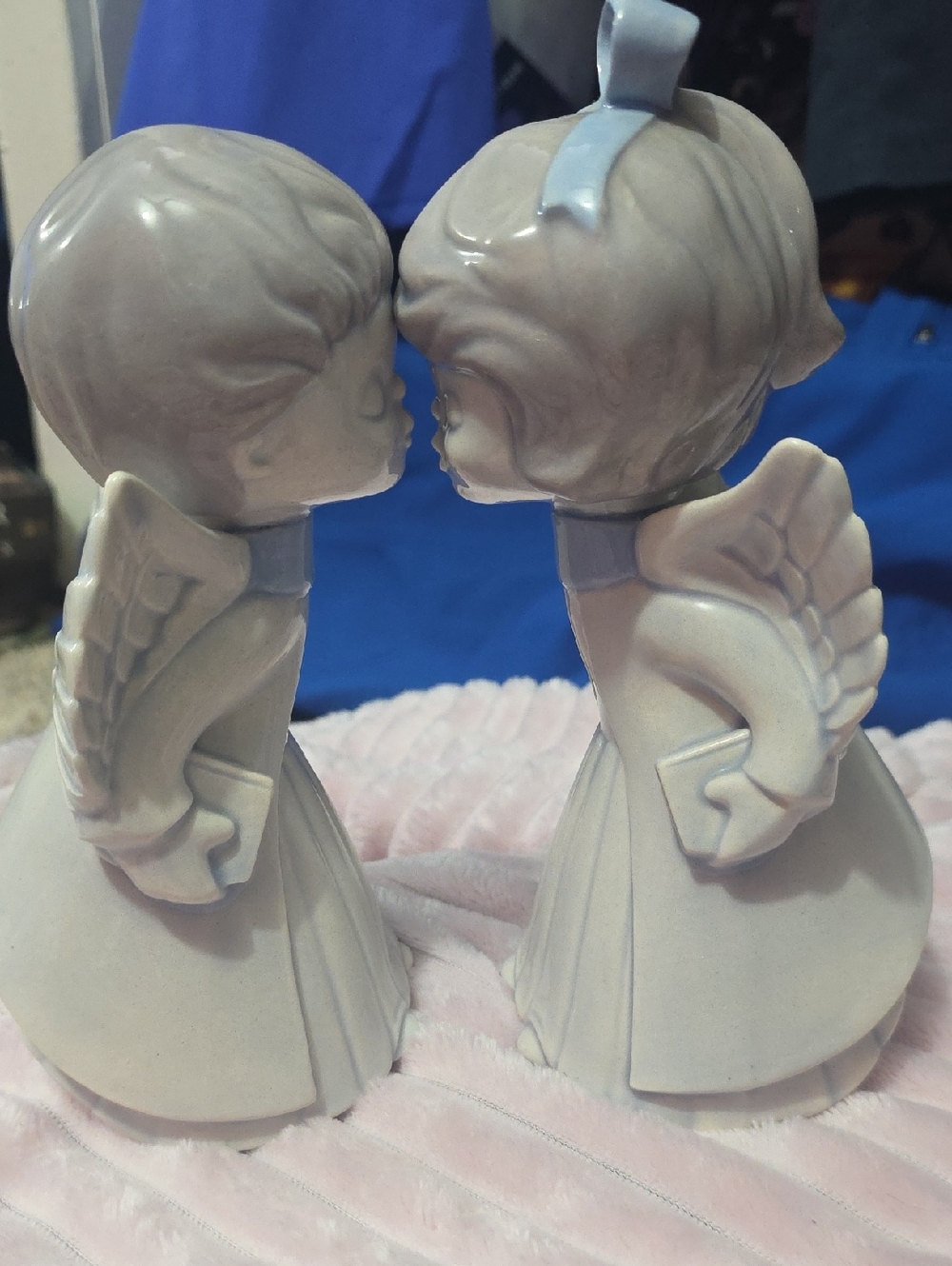 Porcelain Angel Kissing Figurine Set in Soft Cream and Light Blue